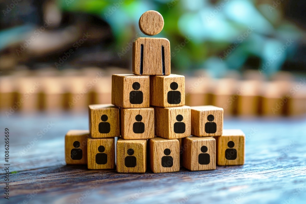 Poster wooden blocks representing leadership and teamwork with hierarchical structure in business context