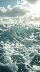 A close-up of ocean waves splashing under a cloudy sky.