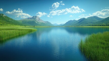 Serene lake surrounded by mountains and lush greenery under blue skies.