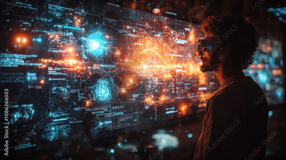 Aufkleber a person interacts with a futuristic digital display of data.