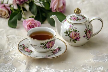 Elegant Tea Set with Roses: A Serene Moment of Afternoon Tea
