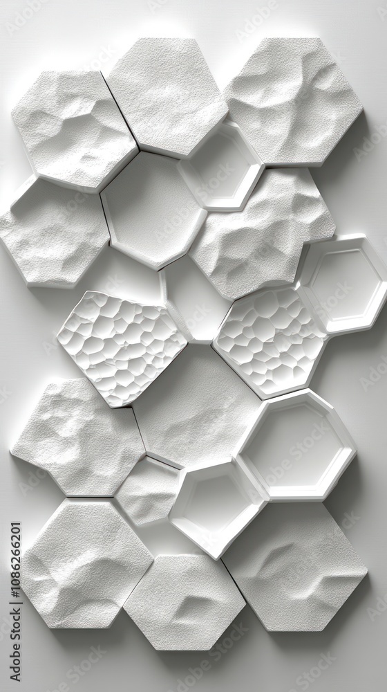 Poster abstract arrangement of textured white hexagonal tiles.