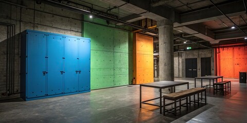 Obraz premium Colorful concrete walls in a dimly lit room with industrial furniture, urban chic, unique ambiance, modern decor