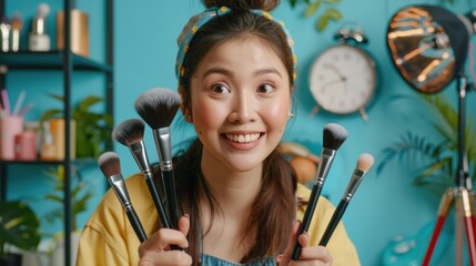Cheerful Asian woman demonstrating different types of makeup brushes while recording vlog,