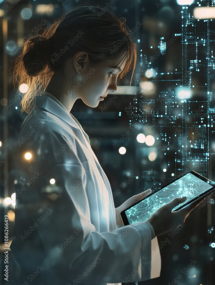 Leinwandbilder A dedicated doctor in a white coat closely analyzes data on a tablet while surrounded by digital displays in a busy clinic atmosphere. Generative AI