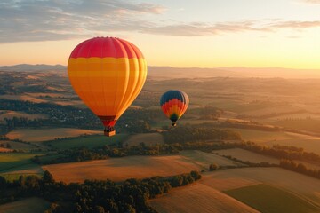 Obraz premium Hot Air Balloons Soar at Sunrise Over Golden Fields