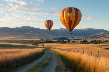 Obraz premium Serene Sunrise: Hot Air Balloons soar over golden fields and majestic mountains.