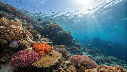 Fototapeta premium Coral reefs teem with colorful marine life their vibrant hues glowing in the soft sunlight that filters down from above, diverse marine life, ocean creatures, aquatic plants