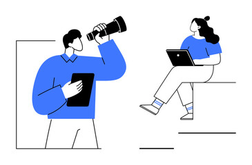 Two individuals working together one seated with a laptop, the other standing with a tablet and megaphone. Ideal for remote work, virtual meetings, teamwork, digital collaboration, communication