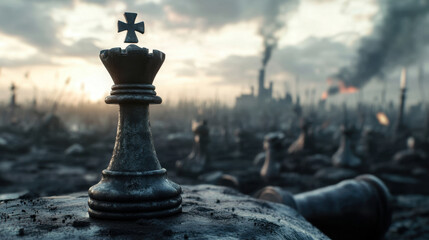Naklejka premium king chess piece stands prominently on battlefield, surrounded by fallen pieces and smoky horizon. scene evokes sense of strategy and conflict, highlighting intensity of game