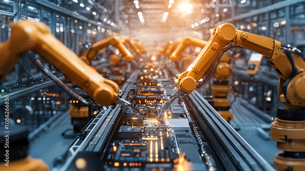 Poster modern electronics factory showcasing clean assembly lines with robotic arms working efficiently dur