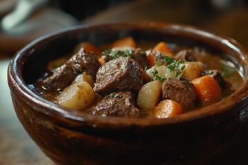 Hearty Beef Stew with Tender Chunks of Beef, Carrots, Potatoes, and Fresh Herbs, Served in a Rustic Ceramic Bowl