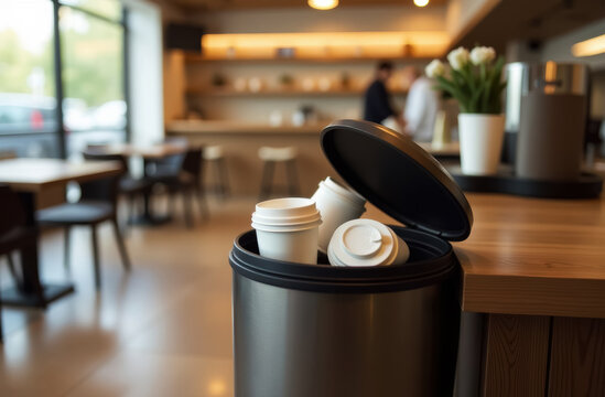 grey trash can overflowing with crumpled plastic