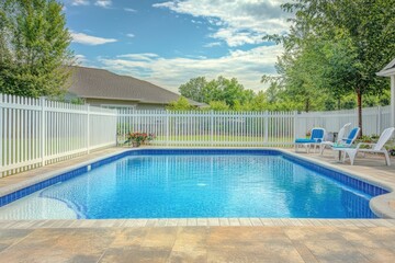 A sturdy vinyl fence surrounding a backyard pool, with safety features and clean lines, ensuring a secure and aesthetically pleasing outdoor space for family and friends.