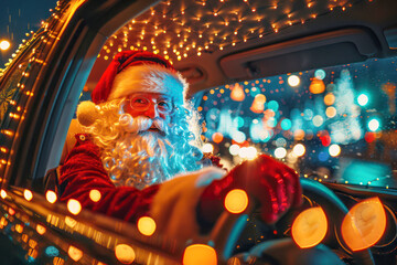 santa claus drives the christmas car