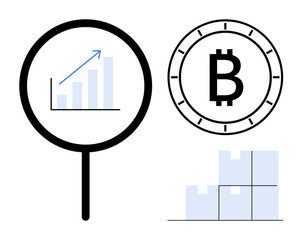 Magnifying glass highlighting financial growth chart with upward arrow, Bitcoin symbol, and stacked boxes. Ideal for financial growth, cryptocurrency, analysis, investments, economic development