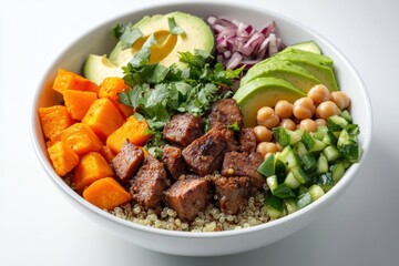 Fototapeta premium Vegan Buddha Bowl with Quinoa, Chickpeas, Avocado, Sweet Potatoes, and a Rainbow of Fresh Vegetables in a Healthy and Colorful Arrangement 