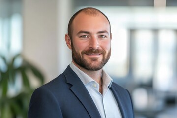 Fototapeta premium Confident businessman with a warm smile in a professional office setting, wearing a suit, representing corporate success, professionalism, and leadership.