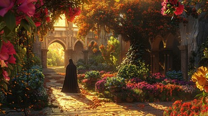 Fototapeta premium In an ornate palace garden from ancient times, a cloaked figure from a bygone era ponders under the sprawling branches of a mythical tree, surrounded by colorful exotic flowers 