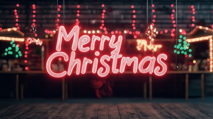 Merry Christmas is written in red letters on a neon sign