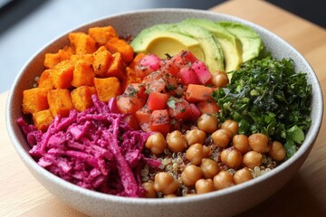 Vegan Buddha Bowl with Quinoa, Chickpeas, Avocado, Sweet Potatoes, and a Rainbow of Fresh Vegetables in a Healthy and Colorful Arrangement	