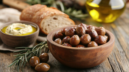 A bowl of roasted chestnuts alongside a rustic bread loaf, olive oil dip, and a handful of olives for a Mediterranean-inspired snack.