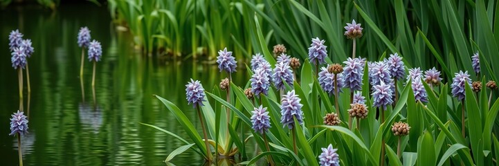 Dense water hyacinth plant growths on a serene green canal background, water environment, plant life, dense foliage