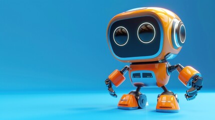 Cute robot using 3D modeling software on blue background, AI generated image