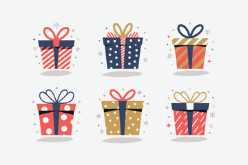Set of six colorful vector gift box illustrations, easily editable.