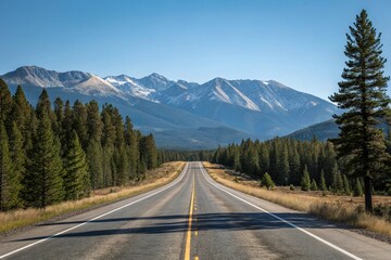 Fototapeta premium Empty stretch of asphalt road running parallel to a mountain range with a clear blue sky above and pine trees in the foreground, calmness, empty highway, mountain view, natural landscape