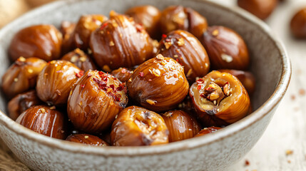 Obraz premium A bowl of roasted chestnuts with a drizzle of honey and a sprinkle of crushed red pepper flakes for a spicy twist.