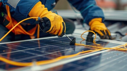 Photo of an electrician repairing solar panel cables