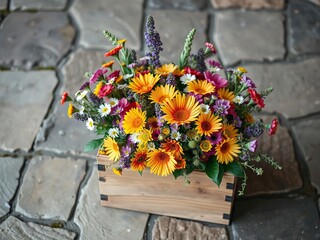 Fresh bouquet of colorful wildflowers filled in a rustic wooden gift box placed on a natural stone floor, botanical, home decor, arrangement