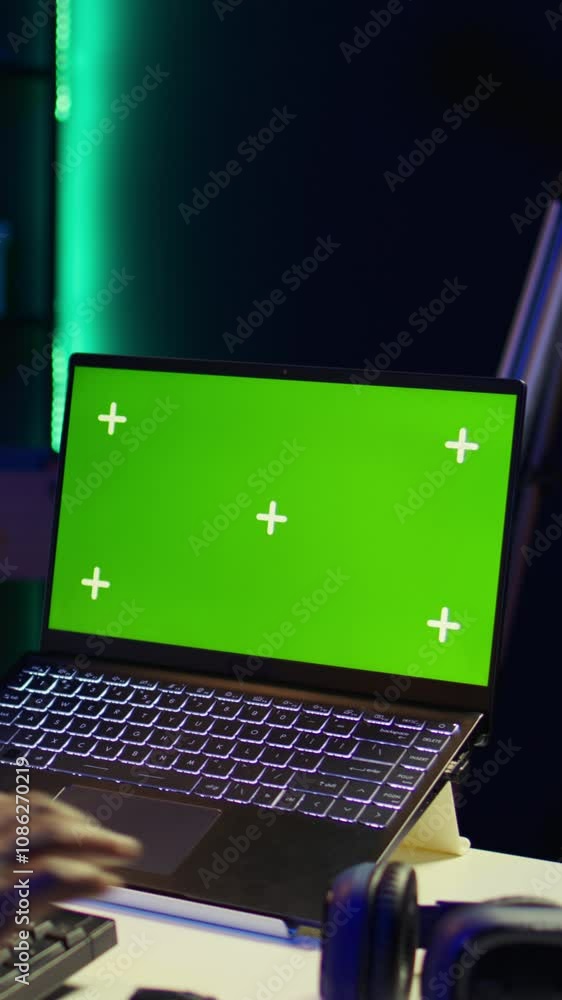 Poster vertical video african american web developer using isolated mockup on pc and writing code, working 