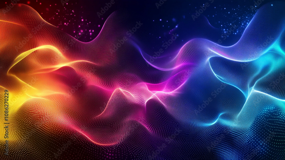 Poster colorful flowing waves with vibrant light patterns in a dark background