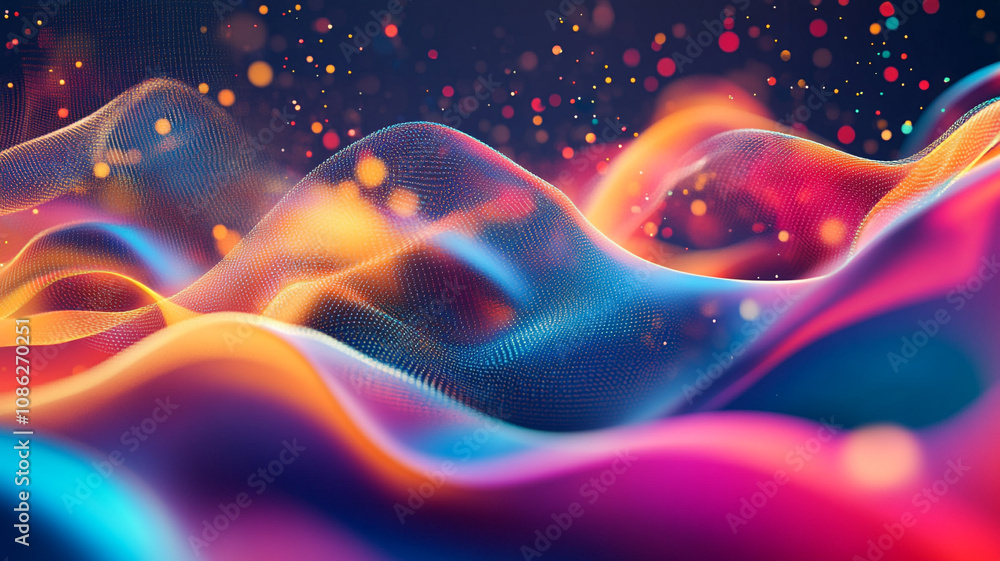 Poster colorful abstract waves with vibrant hues and sparkling lights creating a mesmerizing effect