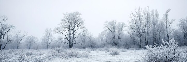 Frosty landscape with bare trees and sparkling snowflakes on the ground, snowy forest, icy woods, frozen terrain