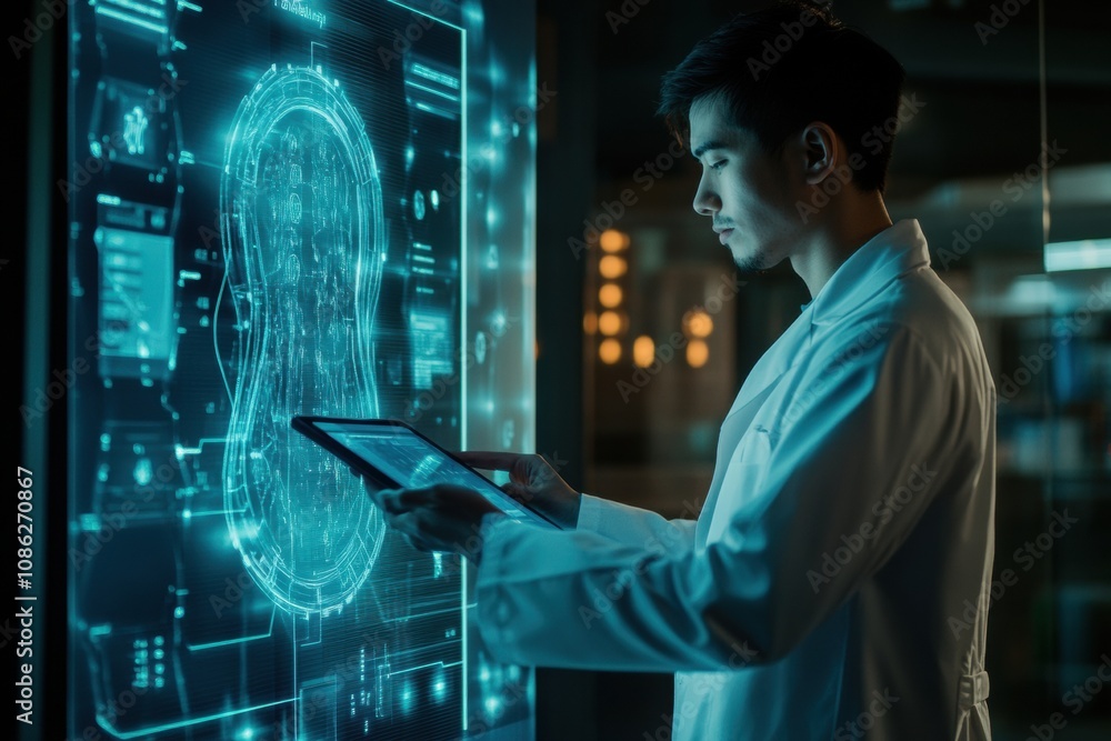 Poster a doctor in a white coat analyzes health data displayed on a digital screen, using a tablet in a hig