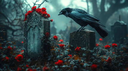 Fototapeta premium This atmospheric image captures dark gothic cemetery with raven perched on gravestone surrounded by vibrant red roses, evoking sense of mystery and beauty
