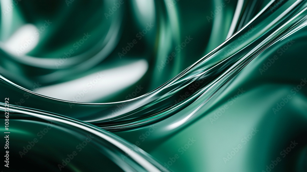 Poster abstract waves of green and silver in a smooth flowing texture in soft lighting