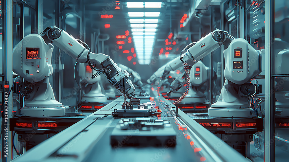 Poster advanced robotics manufacturing line featuring automated machines assembling components in a high-te