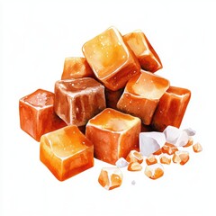 A pile of brown sugar cubes with some white sugar on top