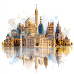 Global Wonders: Collage of Famous Landmarks and Monuments on Isolated Panoramic White Background