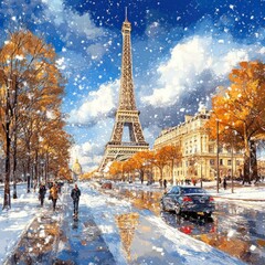 Winter Wonderland in Paris: Eiffel Tower and Snow-Covered Street with Christmas Illustration 