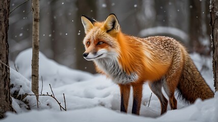Fototapeta premium Red Fox Standing in Snowy Winter Forest