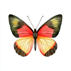 Fototapeta premium A butterfly with red and yellow wings is painted on a white background