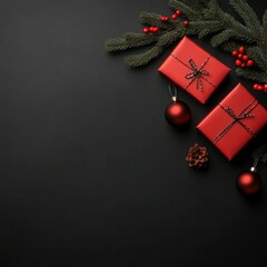 Panoramic Christmas Web Banner with Top View of Red Gift Boxes, Fir Tree Branches, and Baubles on Black Background