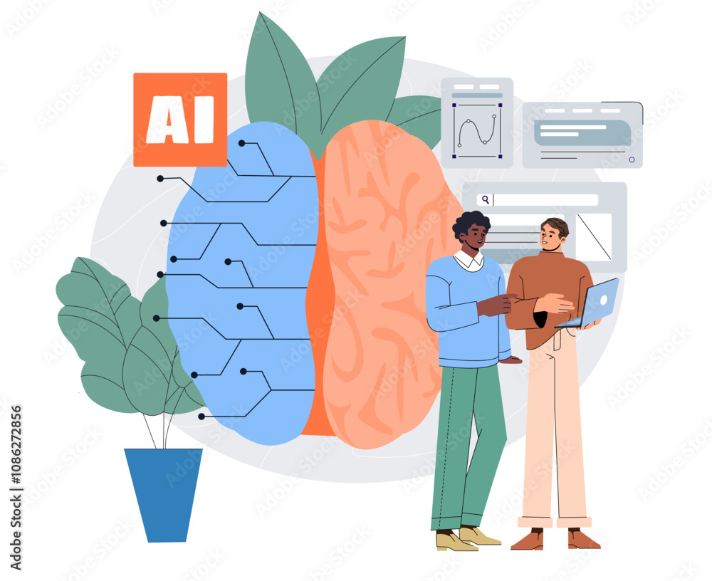 Poster people with ai development. men developing artificial intelligence. modern technologies and innovati