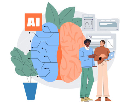 People with AI development. Men developing artificial intelligence. Modern technologies and innovations. Programers with machine learning. Flat vector illustration isolated on white background
