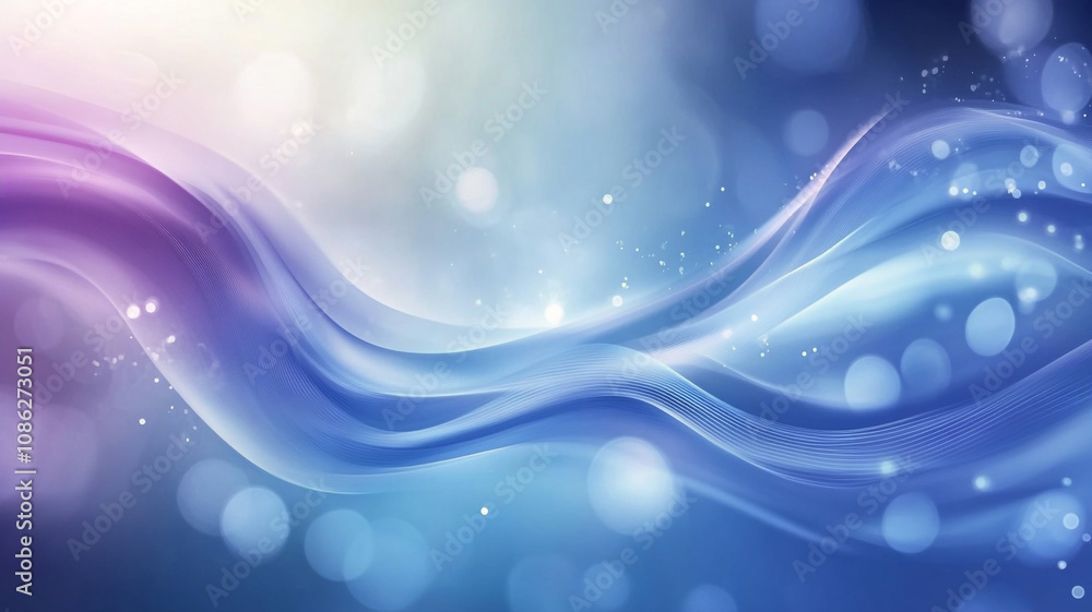 Poster abstract blue and purple wave pattern with bright bokeh lights on a soft background